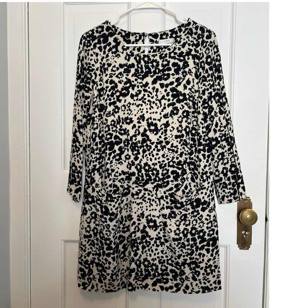 J.Crew Jules Shift Dress Snowcat Leopard Print Black Long Sleeve Mini Women's S
